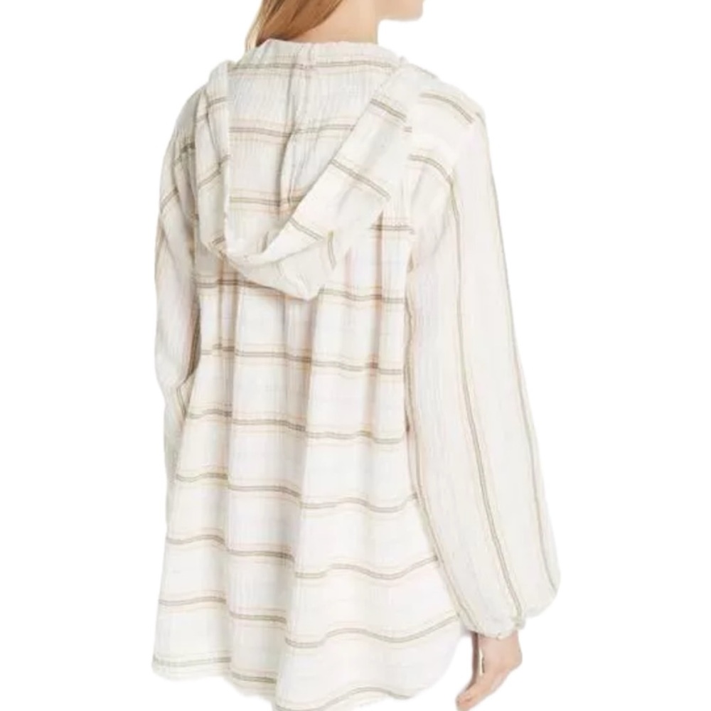 Free People Rolling Clouds 100% Cotton Hooded Blouse Ivory Striped Small - Picture 2 of 7